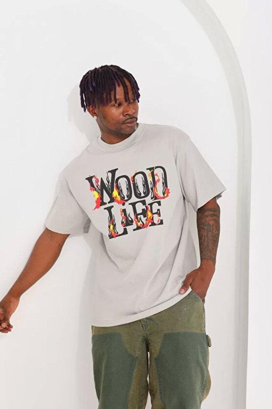Unisex Baskılı Oversize T-Shirt - Gri