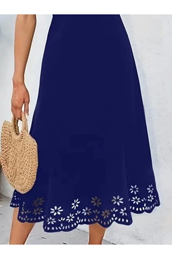 Kadın Kolsuz Etek Ucu Lazer Kesim çiçek Desenli Midi Boy Ithal Krep Elbise