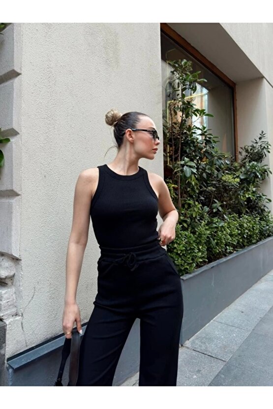 Kadın Kaşkorse Kumaş Atlet Ve Yüksek Bel Bol Paça Pantolon Ikili Takım