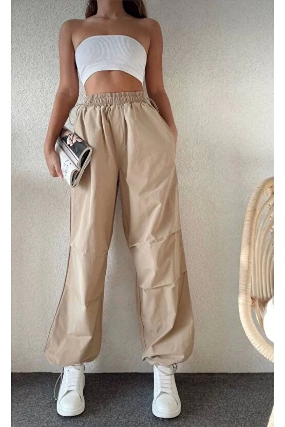 Kadın Cepli Paraşut Pantalon - Bej