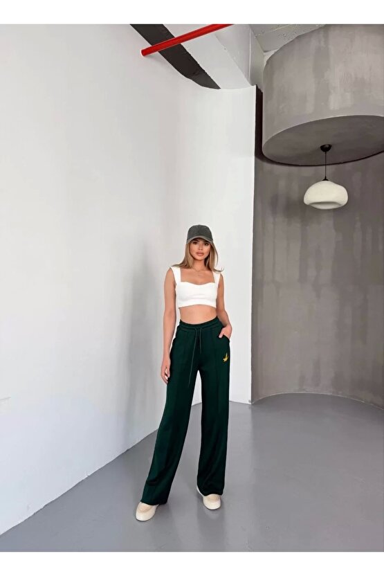 Osy Modal Yumuşak Dokulu Kumaş Nakış işlemeli Rahat Bol Paça Eşofman Pantalon - Yeşil