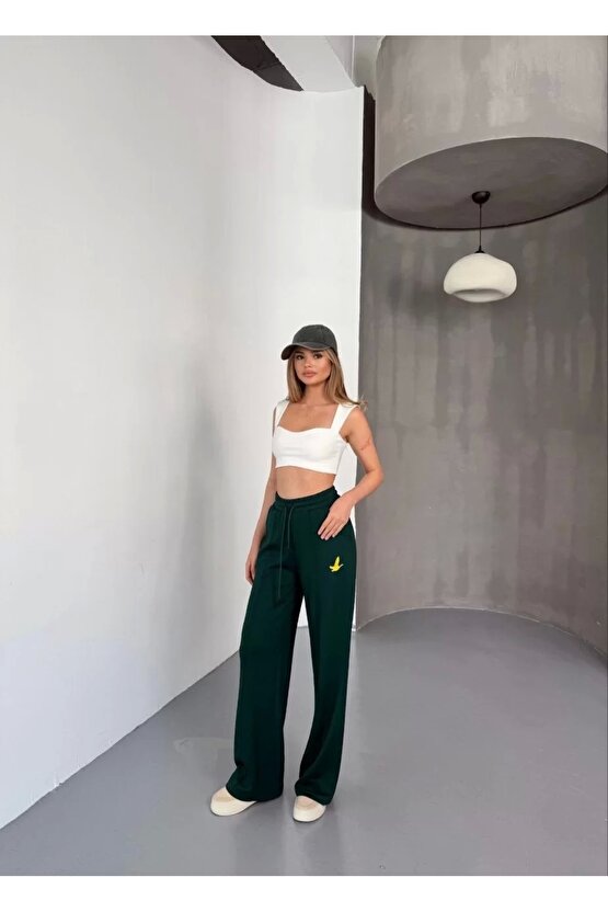 Osy Modal Yumuşak Dokulu Kumaş Nakış işlemeli Rahat Bol Paça Eşofman Pantalon - Yeşil