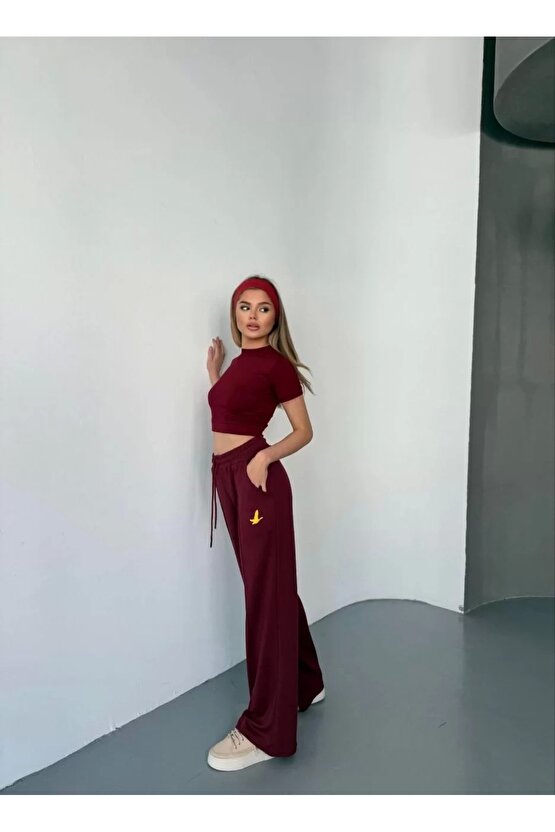 Osy Modal Yumuşak Dokulu Kumaş Nakış işlemeli Rahat Bol Paça Eşofman Pantalon - Bordo