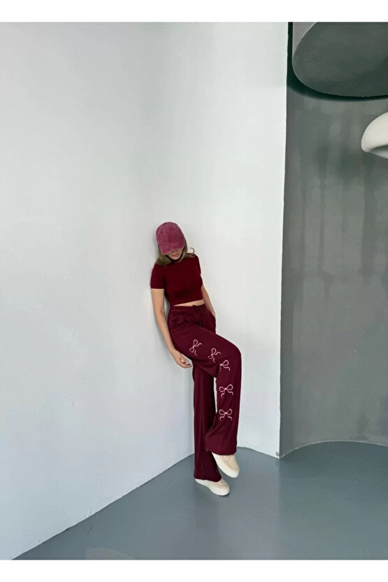 Osy Modal Yumuşak Dokulu Kumaş Nakış işlemeli Rahat Bol Paça Eşofman Pantalon - Bordo