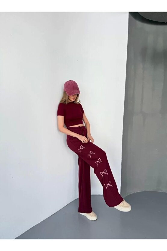 Osy Modal Yumuşak Dokulu Kumaş Nakış işlemeli Rahat Bol Paça Eşofman Pantalon - Bordo