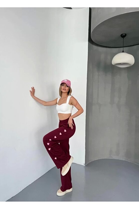 Osy Modal Yumuşak Dokulu Kumaş Nakış işlemeli Rahat Bol Paça Eşofman Pantalon - Bordo