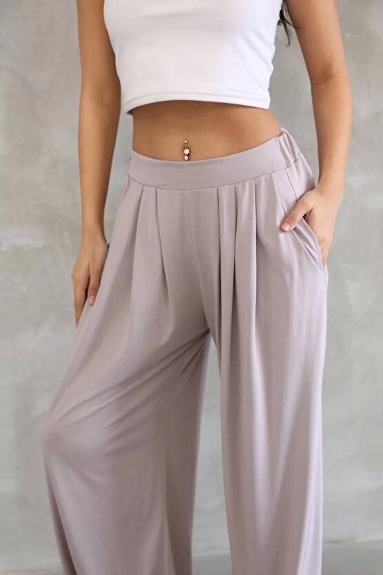 Osy Modal Yumuşak Dokulu Kadın Kumaş Boru Paça Salaş Eşofman - Bej