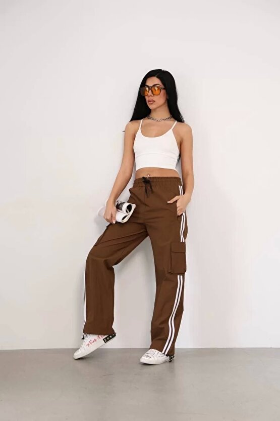 Praşut Kumaş Kargo Çeplı Baggy Esofman - Kahve