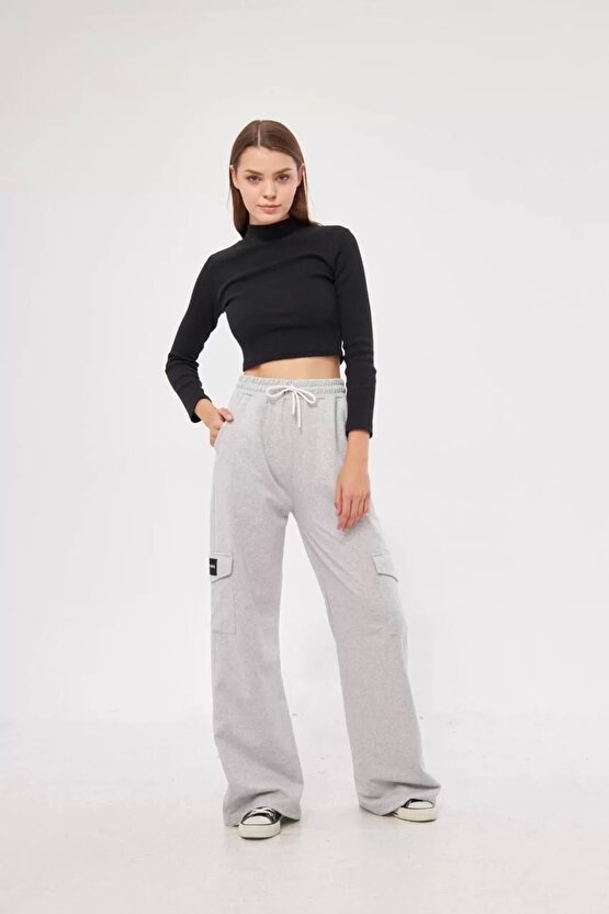 Kargo Cepli Palazzo Oversize Kesim İki iplik Bol Paça Eşofman Altı Pantalon - Gri