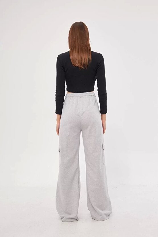 Kargo Cepli Palazzo Oversize Kesim İki iplik Bol Paça Eşofman Altı Pantalon - Gri