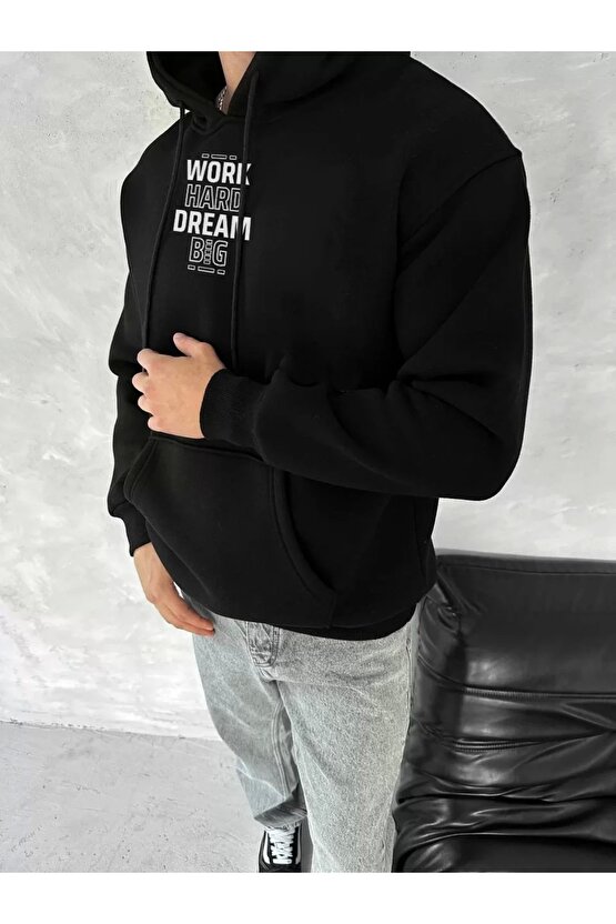 Kışlık Üç İplik Kapüşonlu SweatShirt - Siyah