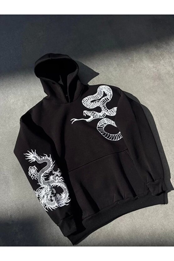 Uzun Kol Kapüşonlu Baskılı SweatShirt - Siyah