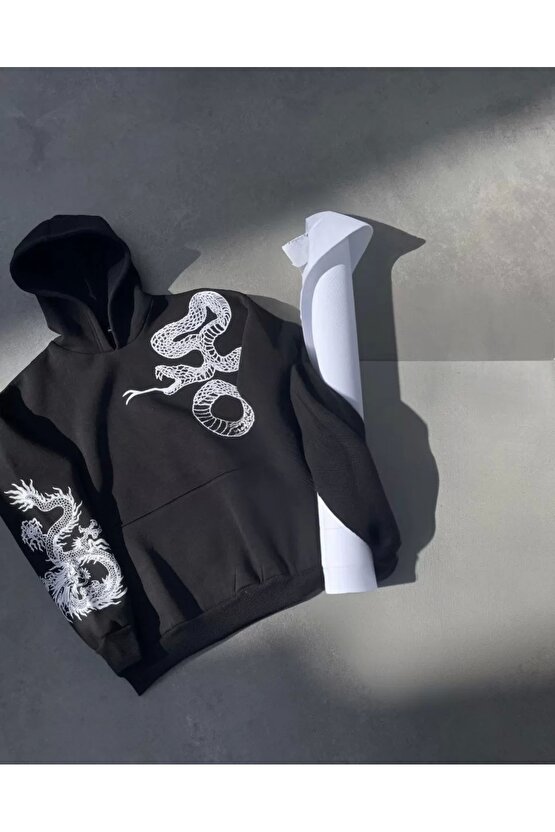 Uzun Kol Kapüşonlu Baskılı SweatShirt - Siyah