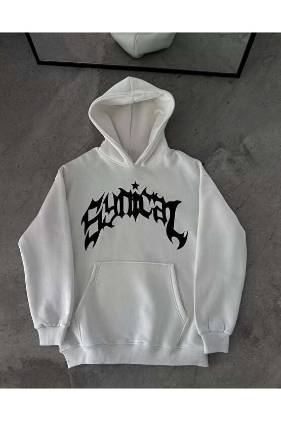 Kışlık Kapüşonlu Baskılı Oversize SweatShirt- Beyaz