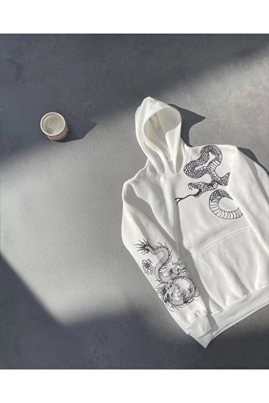 Uzun Kol Kapüşonlu Baskılı SweatShirt - Beyaz