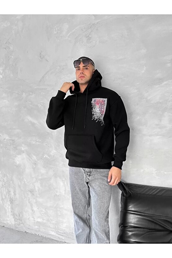 Uzun Kol Kapüşonlu Ön Ve Arka Baskılı SweatShirt - Siyah