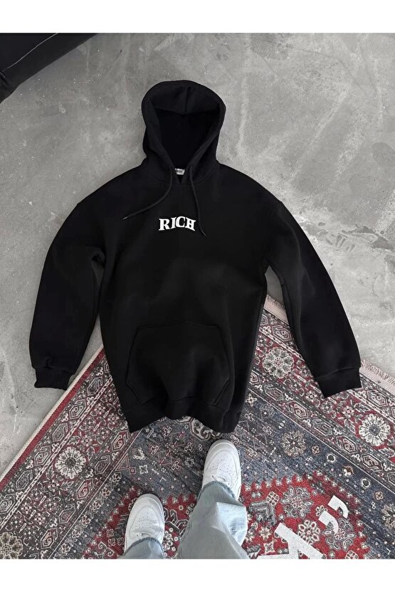 Uzun Kol Kapüşonlu Göğüs Baskılı SweatShirt - Siyah