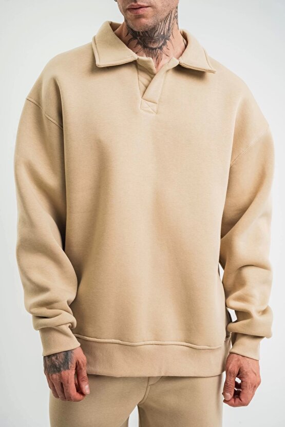 Unisex Double Oversize Patlı Yaka SweatShirt - Bej