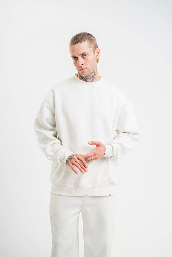 Unisex Uzun Kol Bisiklet Yaka Yıkamalı SweatShirt - Beyaz