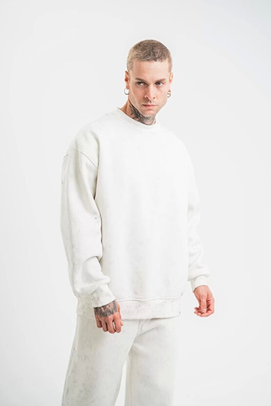 Unisex Uzun Kol Bisiklet Yaka Yıkamalı SweatShirt - Beyaz