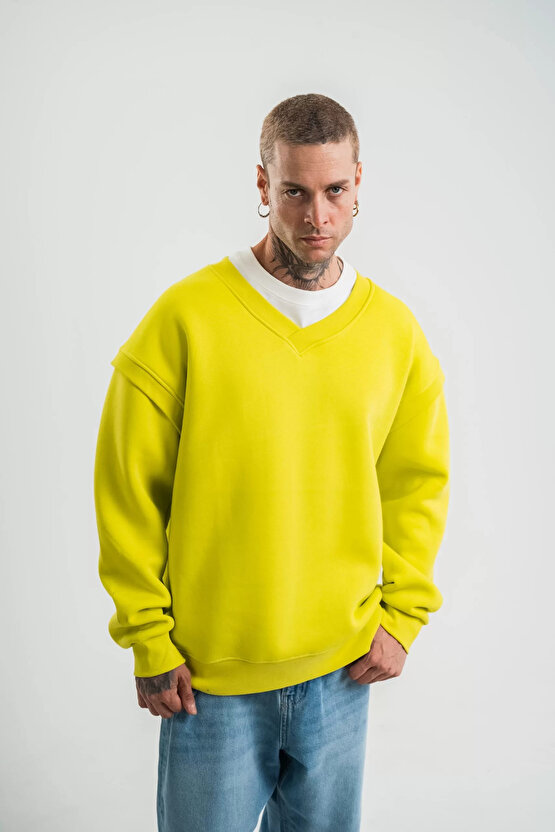 Geniş V yaka Kol Ribana Detaylı SweatShirt - Sarı
