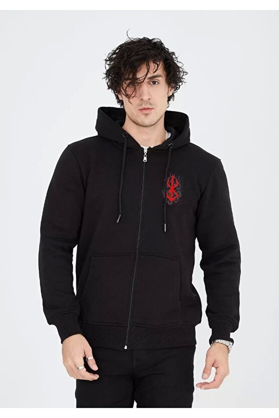Unisex Baskılı Tam Fermuarlı Kapşonlu SweatShirt - Siyah