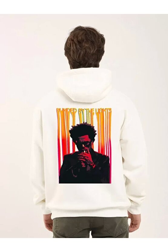 Unisex Baskılı Oversize Üç İplik Kapüşonlu Sweatshirt - Beyaz