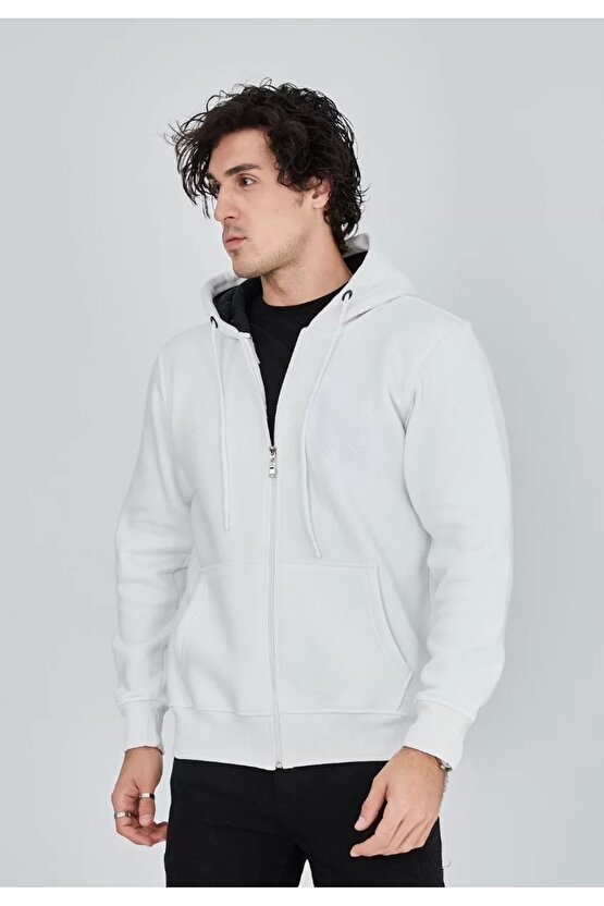 Unisex Tam Fermuarlı Kapşonlu SweatShirt - Beyaz