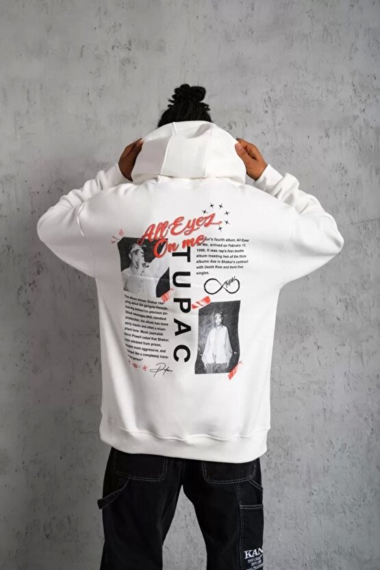 Erkek Ön Arka Baskılı Kapşonlu Sweat - Beyaz