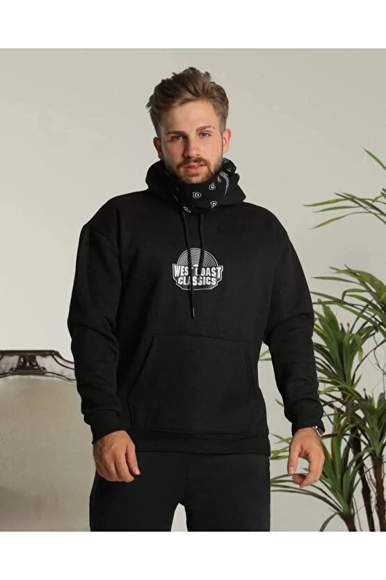 Erkek Sırt Baskılı Kapüşonlu Üç İplik Oversize Sweatshirt - Siyah