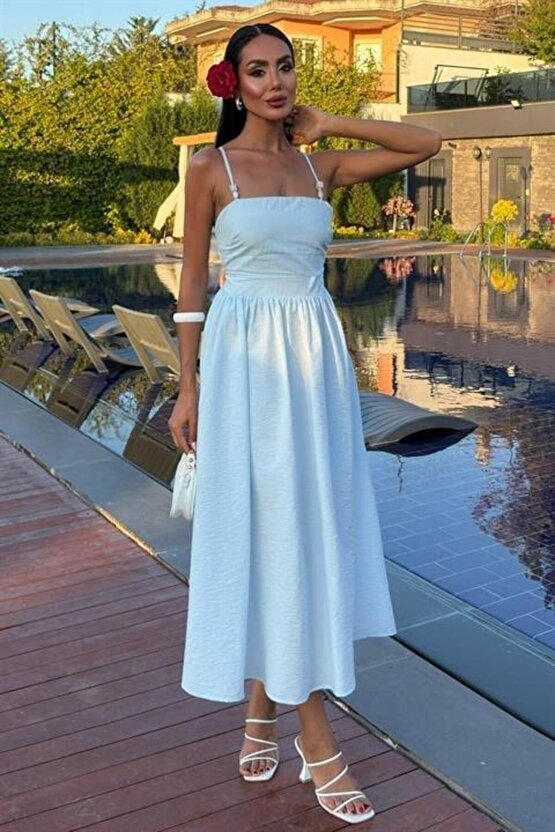 Sırtı Çapraz İpli Boncuk Detaylı Elbise 2902-08