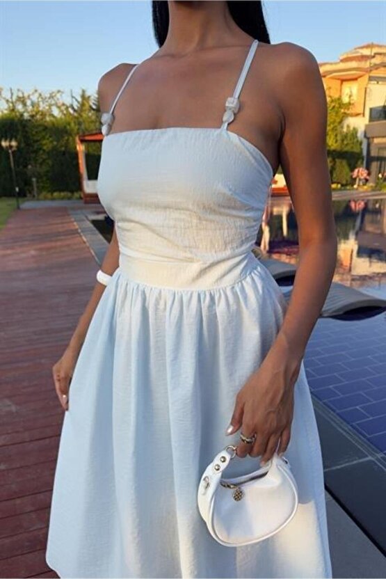 Sırtı Çapraz İpli Boncuk Detaylı Elbise 2902-08