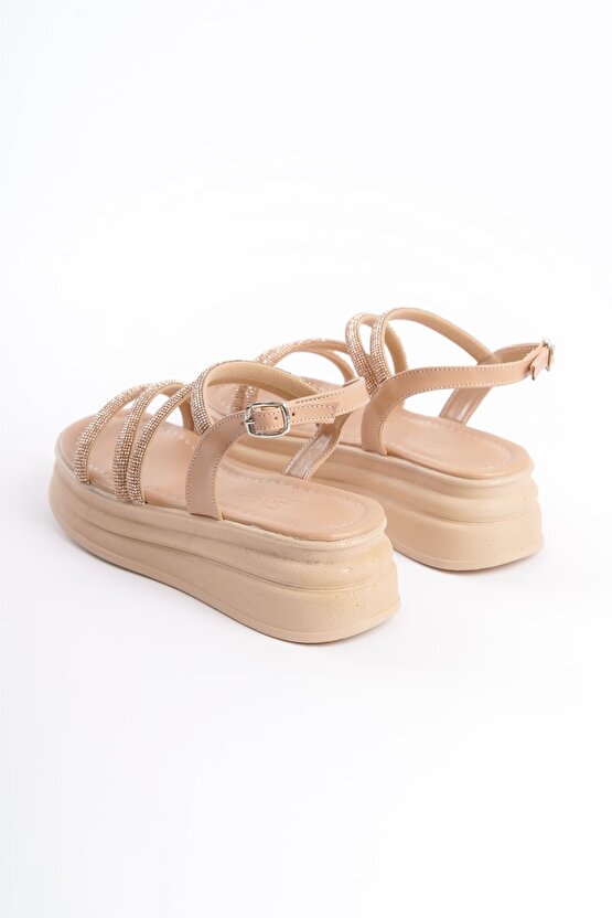 RILEY İnce Tokalı Taşlı Şeritli Ortopedik Taban Kadın Sandalet CTT - Ten