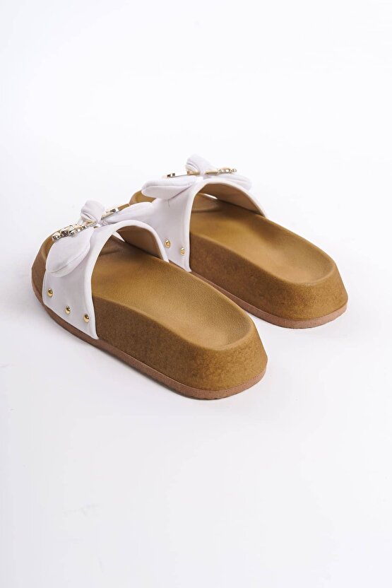 DILA Kalın ve Ortopedik Taban Ayıcıklı Saten Kadın Terlik SKT - Beyaz