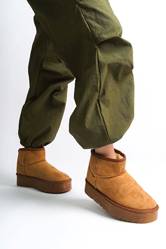 AMELIA Bağcıksız Düz ve Kalın Taban İçi Kürklü Kısa Süet Kadın Bot STT - Taba