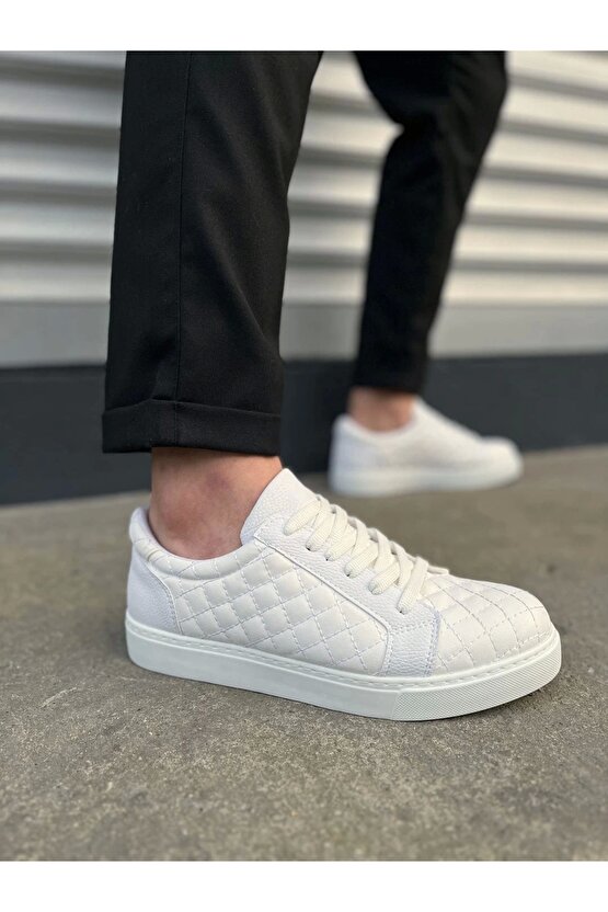 JY166 Prestige Bağcıklı Cilt Kapitone Desenli Erkek Günlük Sneaker Ayakkabı CBT - Beyaz