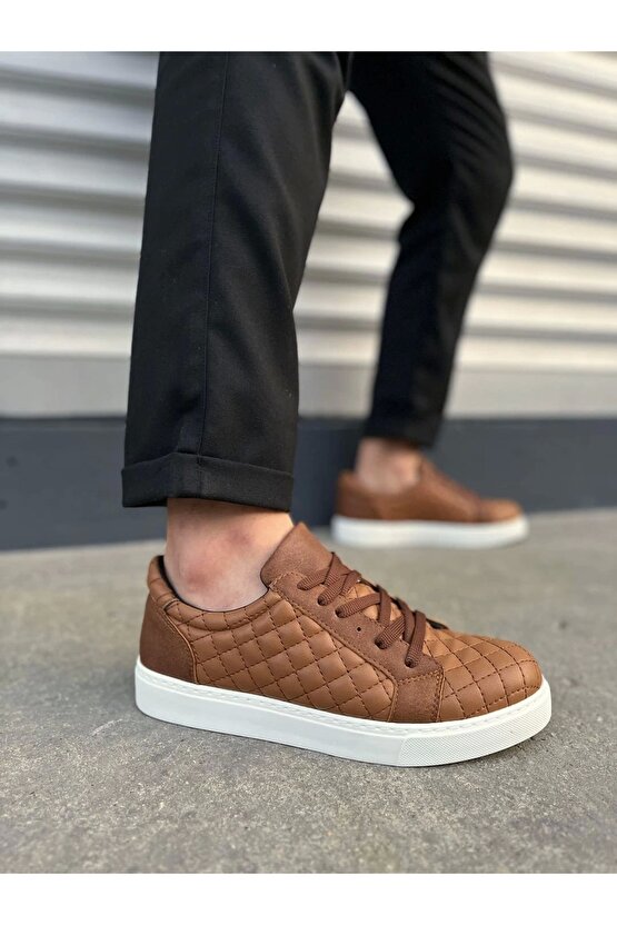 JY166 Prestige Bağcıklı Cilt Kapitone Desenli Erkek Günlük Sneaker Ayakkabı CBT - Taba