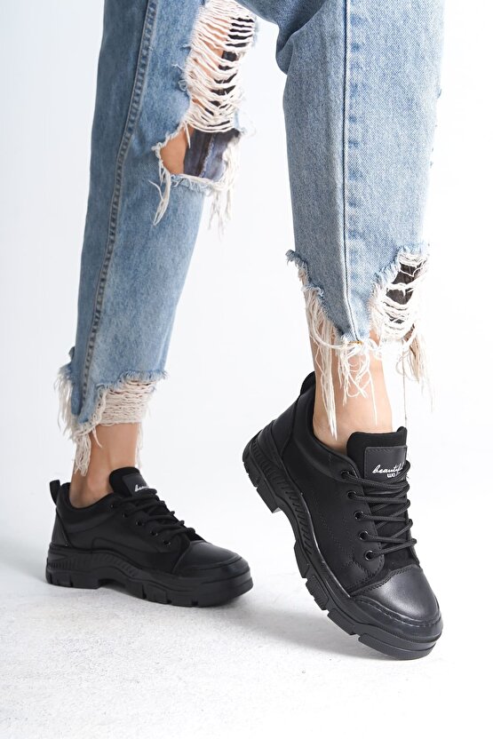 JANE Bağcıklı Ortopedik Taban Kadın Sneaker Spor Ayakkabı CST - Siyah