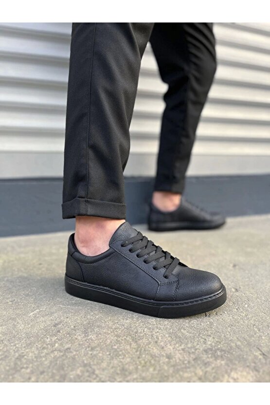 JY165 Elite Bağcıklı Cilt Erkek Günlük Sneaker Ayakkabı CST - Siyah