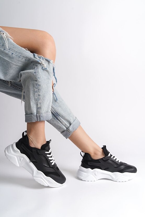 TOKYO Bağcıklı Ortopedik Taban Triko Detaylı Kadın Spor Ayakkabı TBT - Siyah