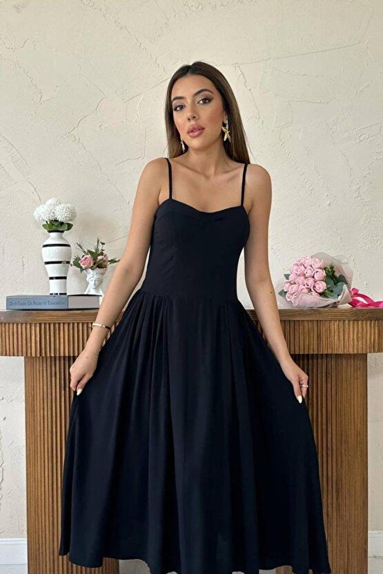 Siyah Göğüs Kuplu Uzun Büzgülü Elbise