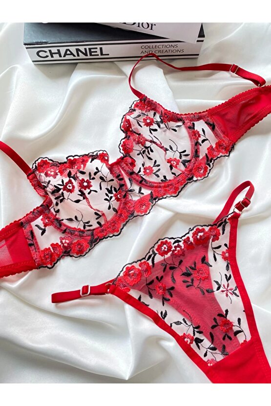 brode dantel kırmızı gul nakış