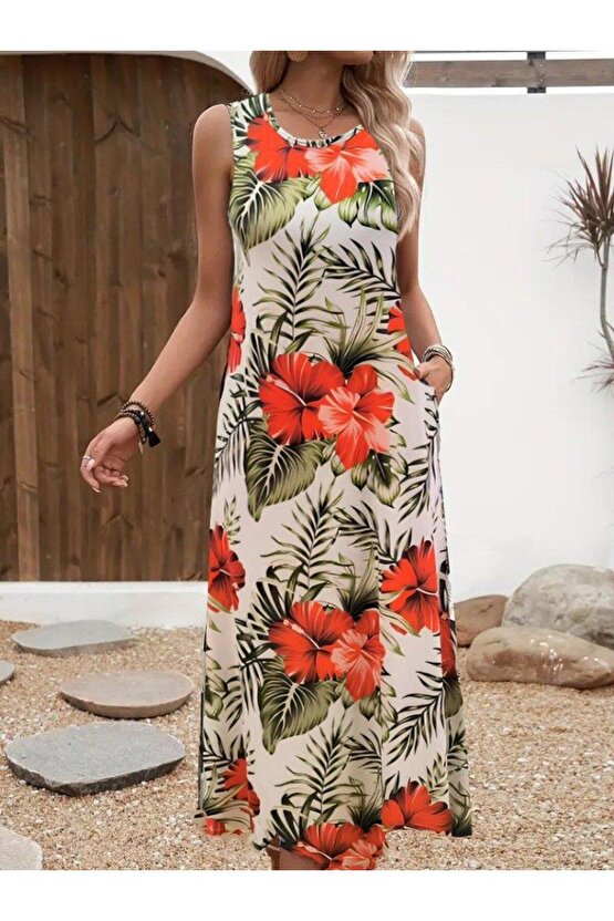 Kadın Askılı Yuvarlak Yaka Cepli Desenli Süprem Elbise