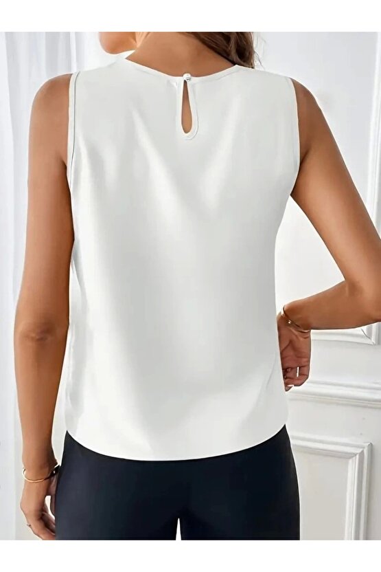 Kadın sıfır kollu bisiklet yaka önden pileli atlas bluz