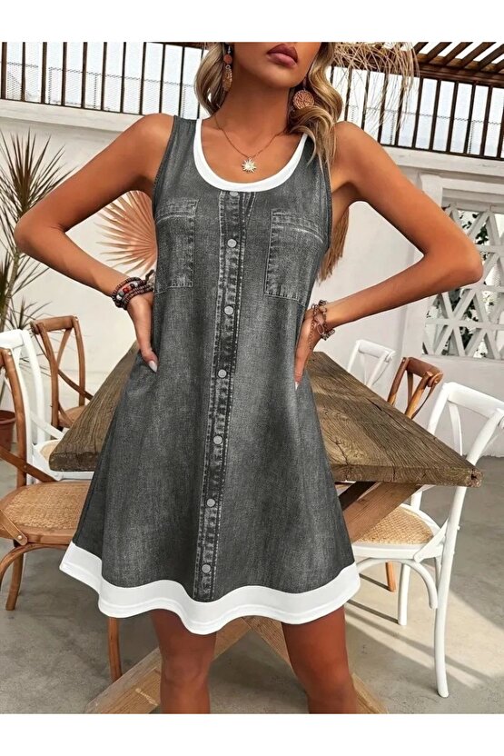 Kadın Askılı Yuvarlak Yakalı Kot Görünümlü Kısa Süprem Elbise