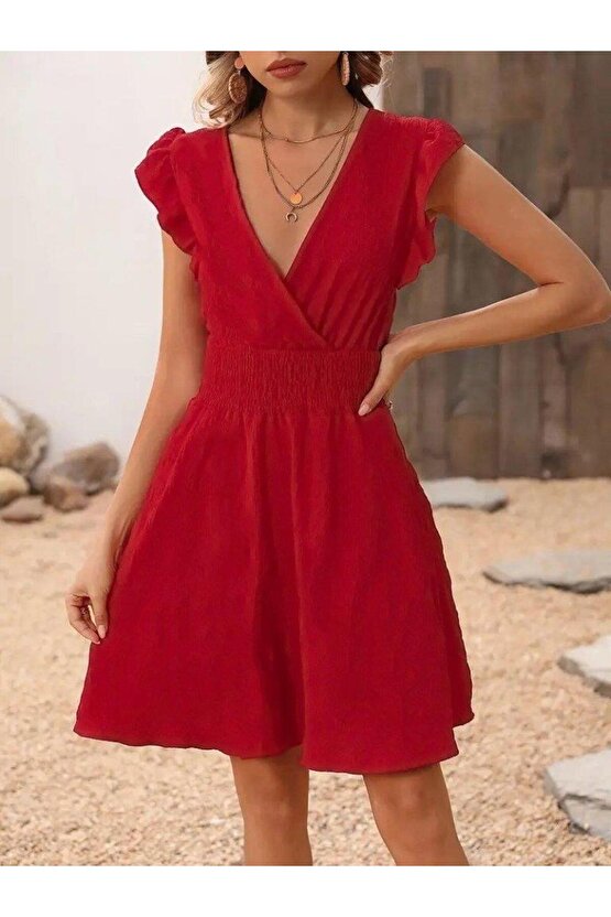 Kadın Kısa Kollu Kruvaze Yakalı Beli Lastikli Aerobin Elbise