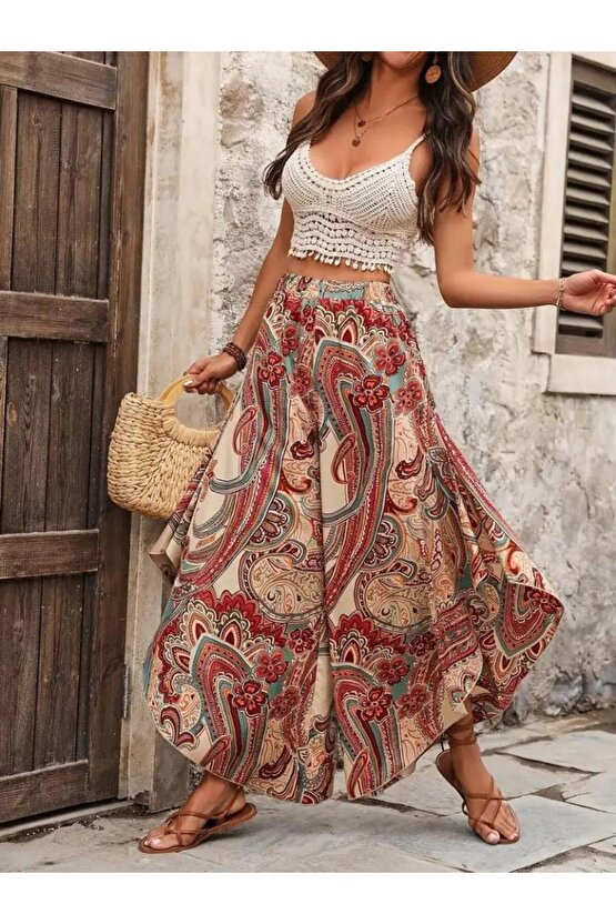 Kadın Yüksek Bel Beli Lastikli Desenli Geniş Paçalı Süprem Pantolon