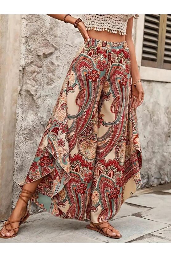 Kadın Yüksek Bel Beli Lastikli Desenli Geniş Paçalı Süprem Pantolon