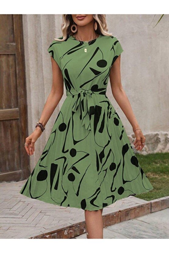 Kadın Kısa Yarasa Kollu Yuvarlak Yaka Beli Büzgülü Süprem Elbise