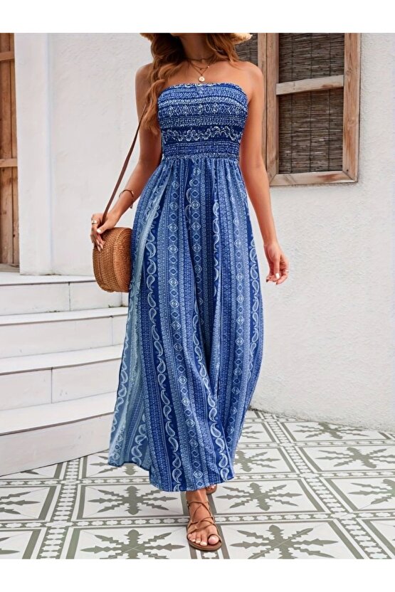 Kadın Yakası Gipe Detaylı önden Yırtmaç Detaylı Desenli Süprem Pantolunetek Tulum